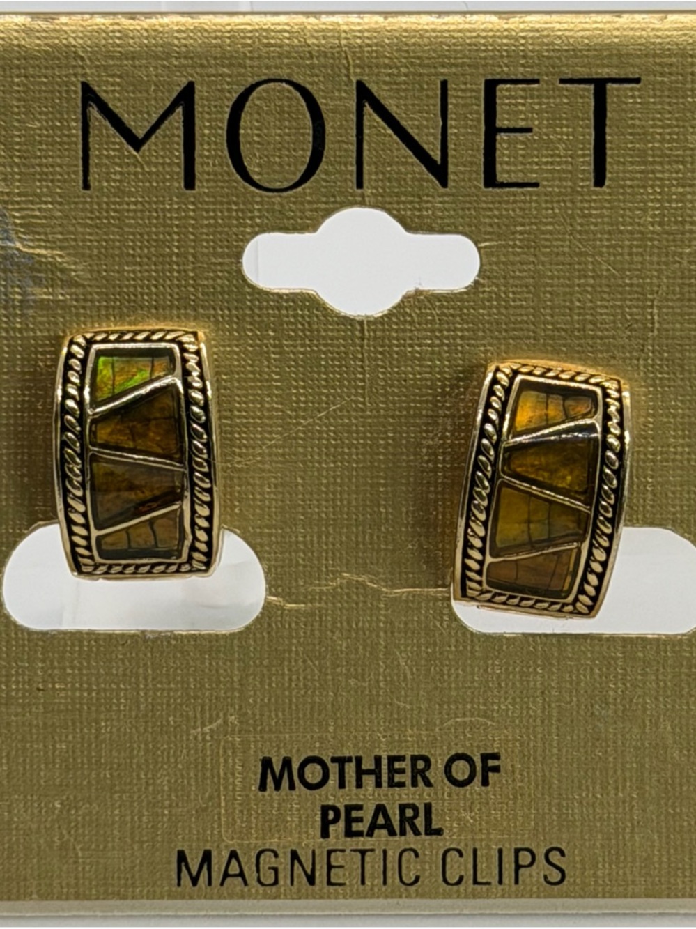 Monet Gold-Tone Earrings with Iridescent Brown-Gold Mother of Pearl Inlay